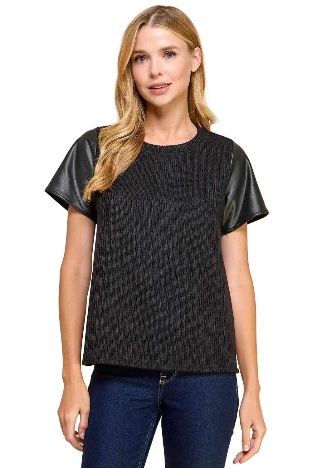 Women's Knit Solid Top with Short Faux Leather Sleeves