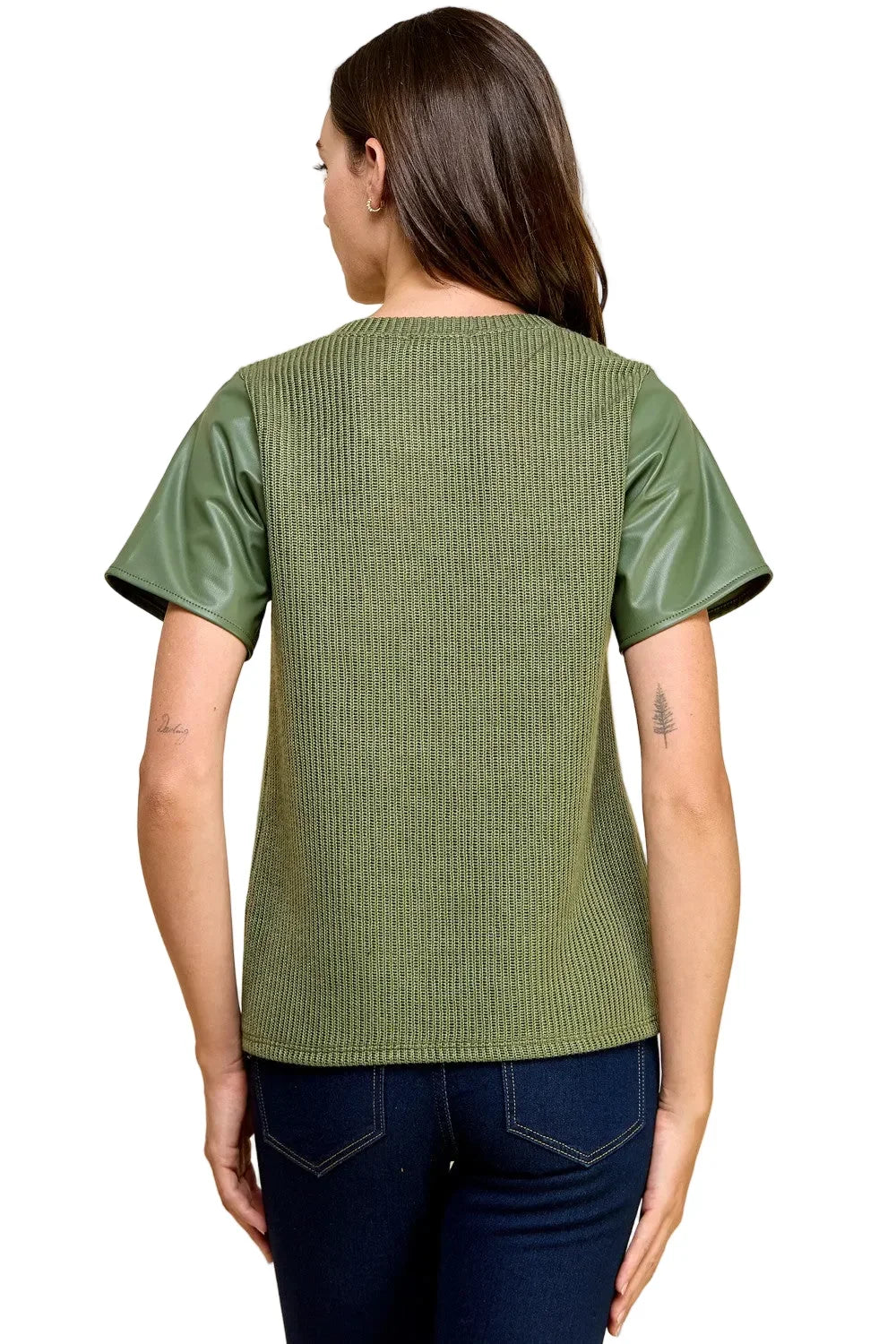 Women's Knit Solid Top with Short Faux Leather Sleeves