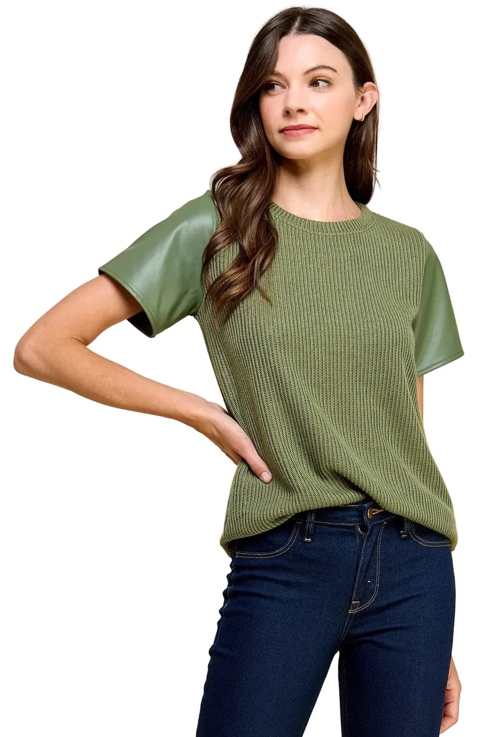 Women's Knit Solid Top with Short Faux Leather Sleeves