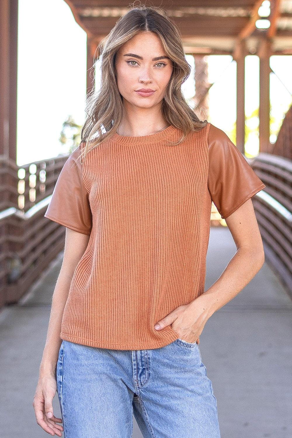 Women's Knit Solid Top with Short Faux Leather Sleeves