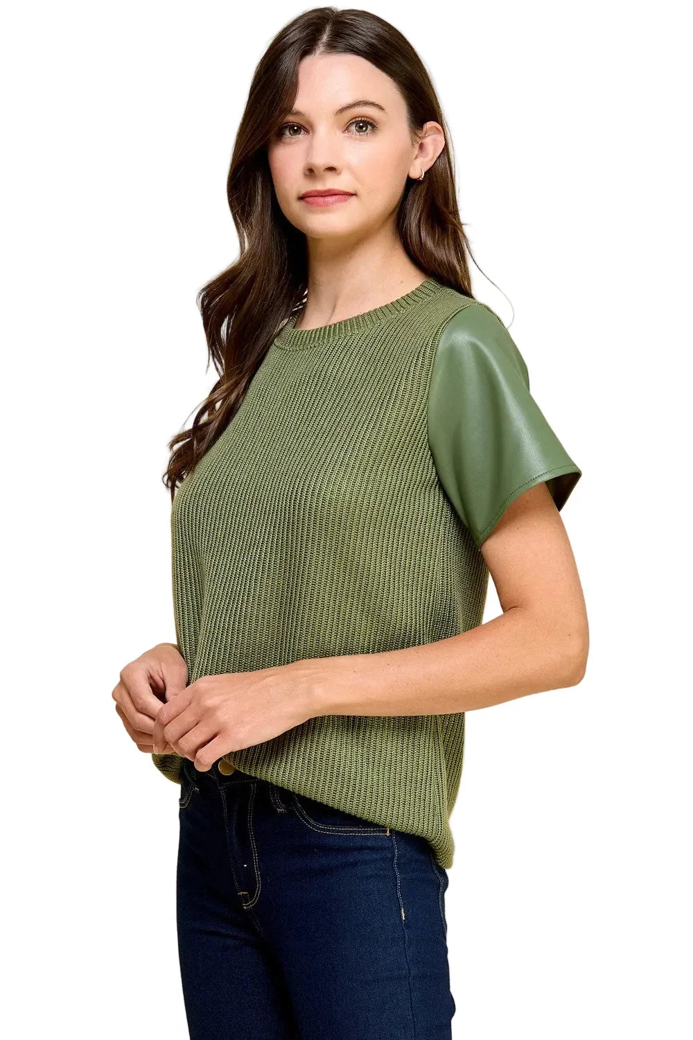 Women's Knit Solid Top with Short Faux Leather Sleeves