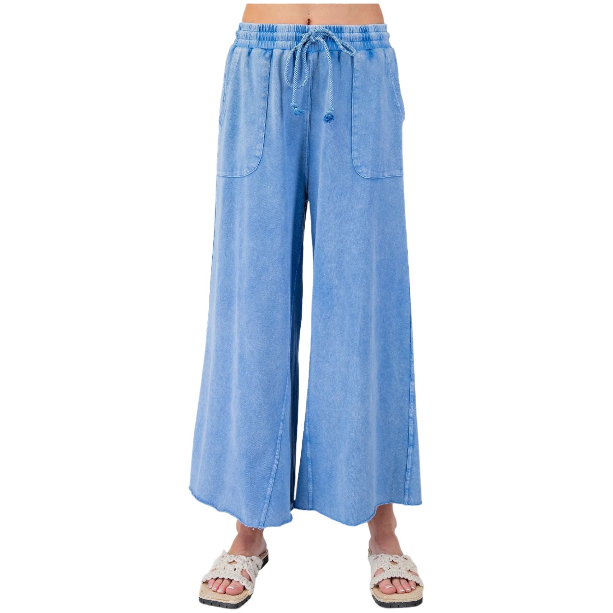 Women's Washed Terry Knit Wide Leg Pants EB40128 - Crazy House Western Wear