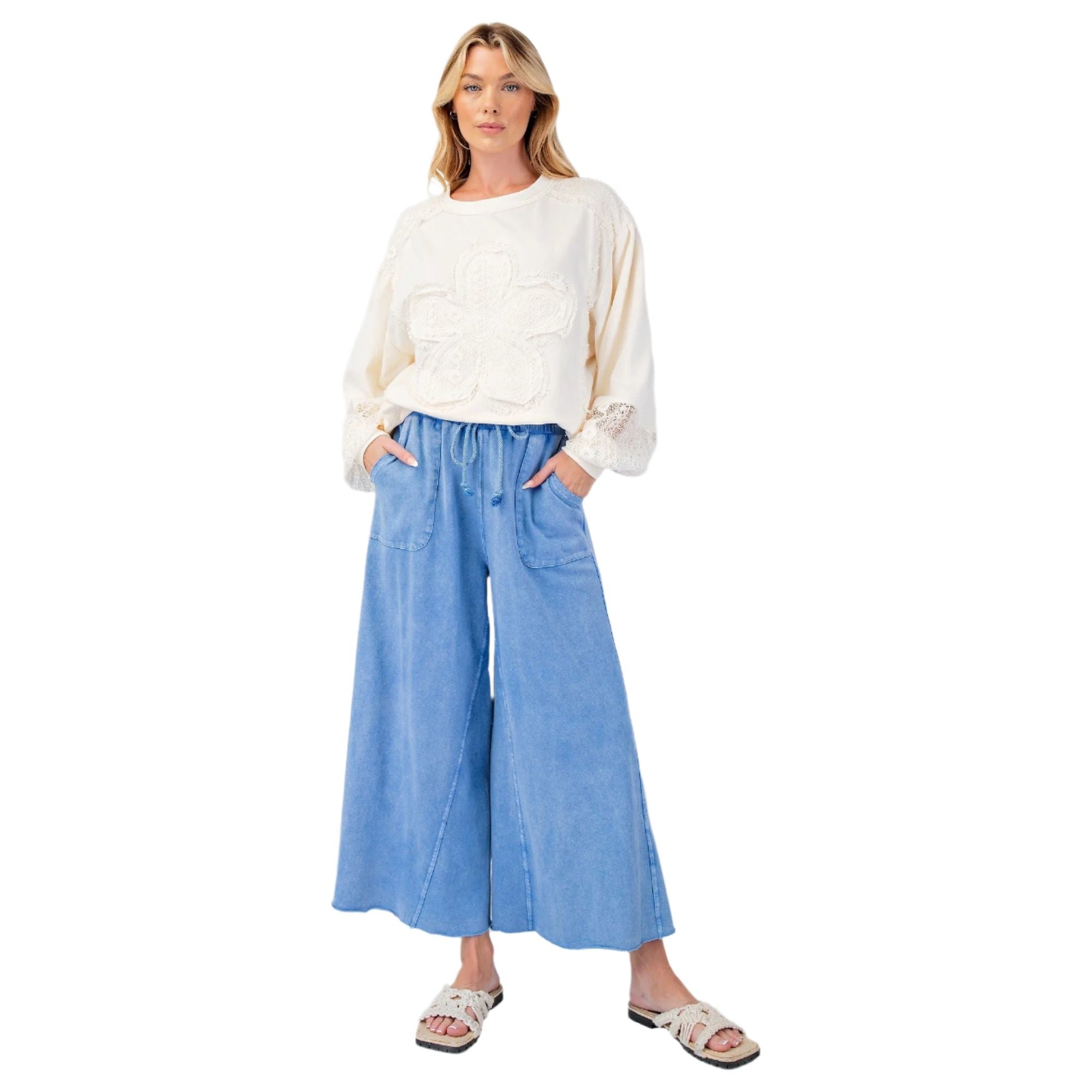 Women's Washed Terry Knit Wide Leg Pants EB40128 - Crazy House Western Wear