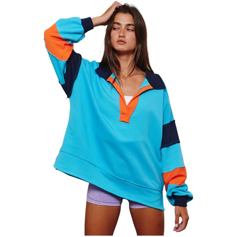 Women's French Terry Color-block Collared Loose Fit Top T2004E - Crazy House Western Wear