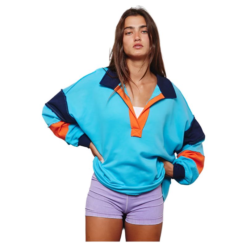 Women's French Terry Color-block Collared Loose Fit Top T2004E - Crazy House Western Wear