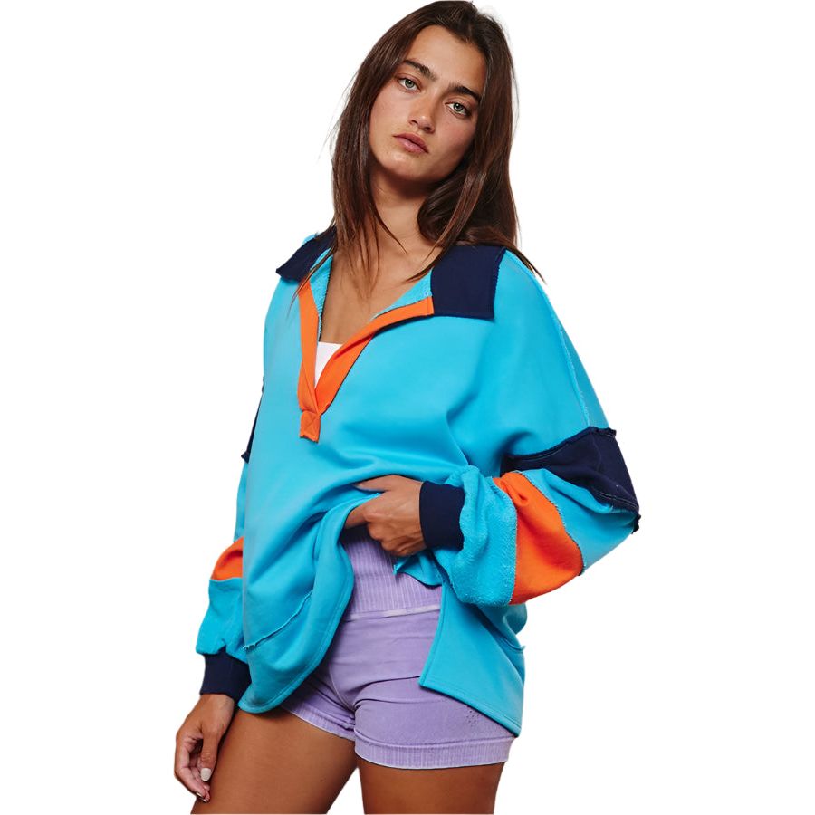 Women's French Terry Color-block Collared Loose Fit Top T2004E - Crazy House Western Wear