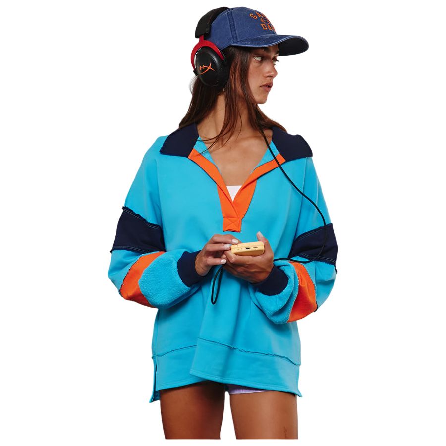 Women's French Terry Color-block Collared Loose Fit Top T2004E - Crazy House Western Wear