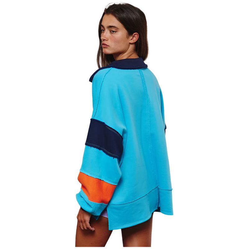 Women's French Terry Color-block Collared Loose Fit Top T2004E - Crazy House Western Wear