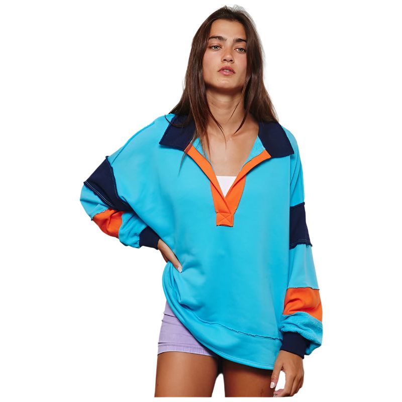 Women's French Terry Color-block Collared Loose Fit Top T2004E - Crazy House Western Wear