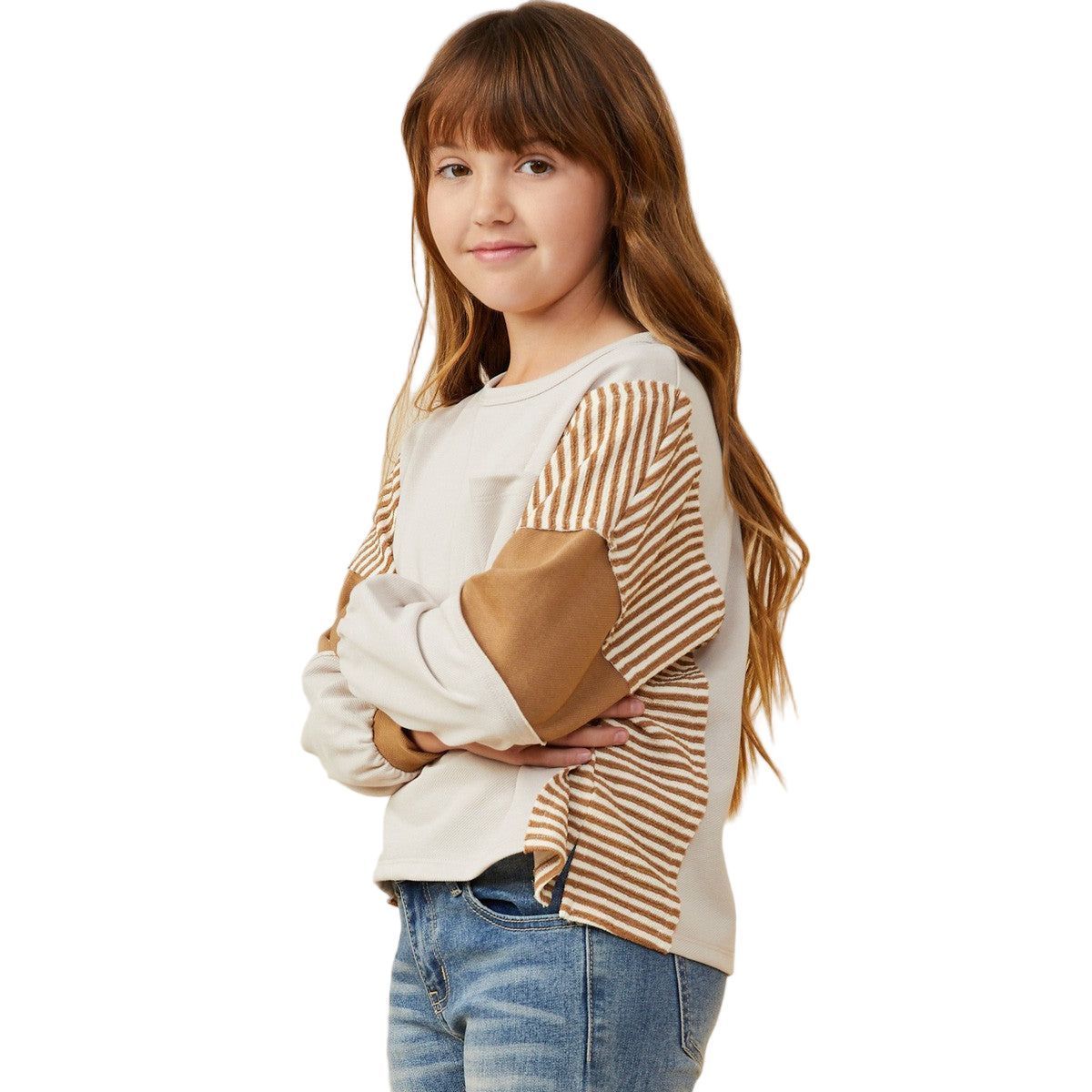 Girls Stripe And Color Block Sleeve Detail Knit