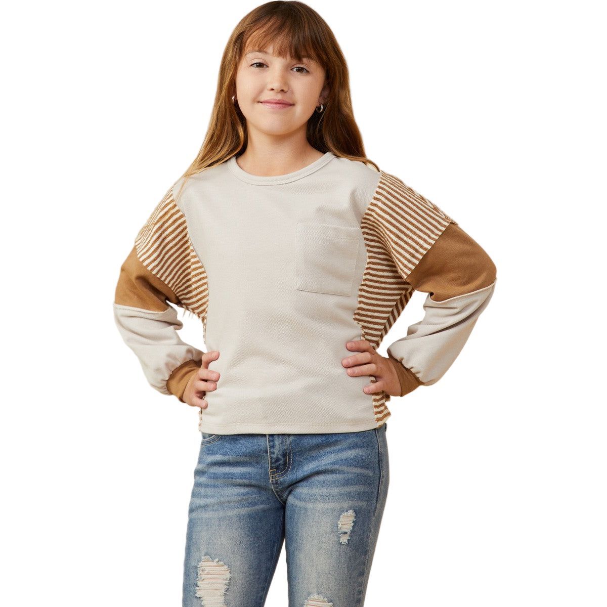Girls Stripe And Color Block Sleeve Detail Knit