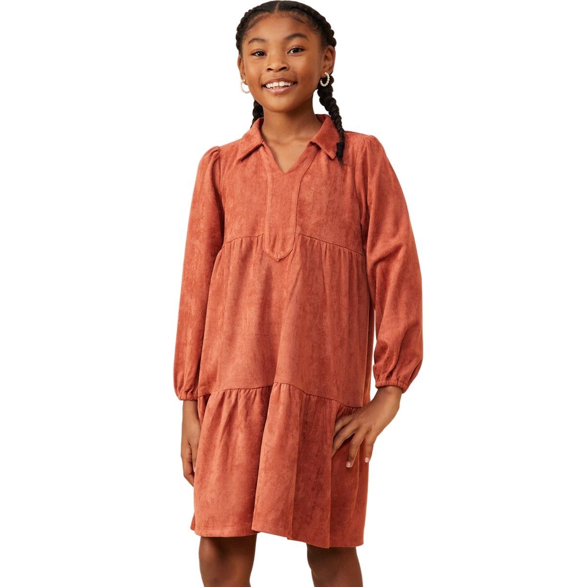 Girls Open Collar Vegan Suede Swing Dress GY8893