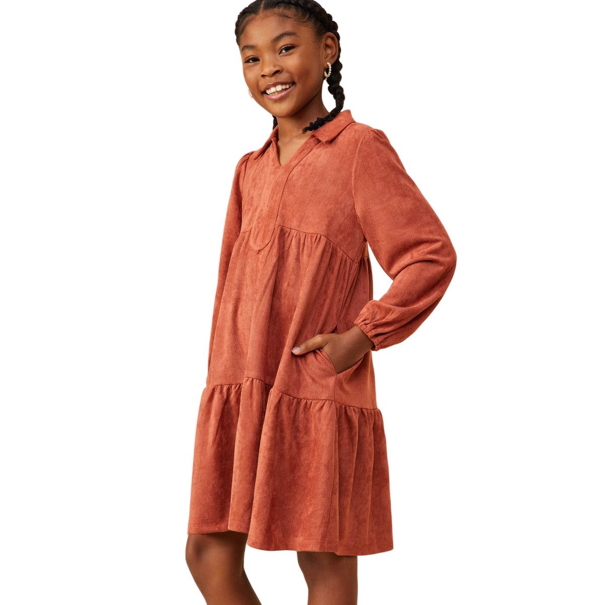 Girls Open Collar Vegan Suede Swing Dress GY8893
