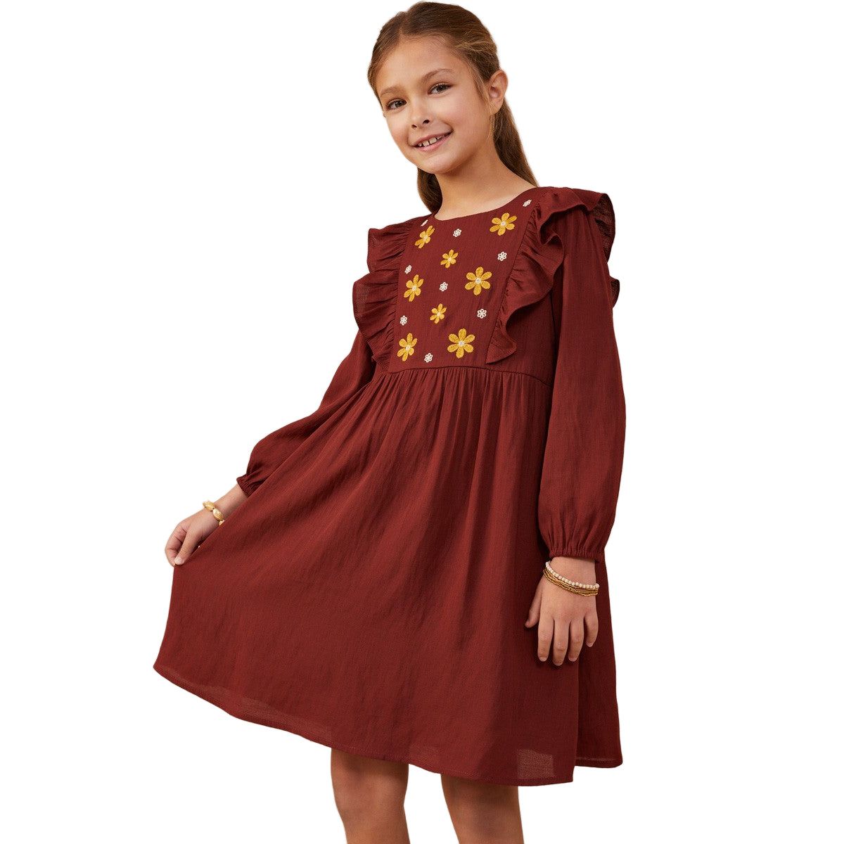 Girl's Ruffle Detail Floral Embroidered Dress GY8847