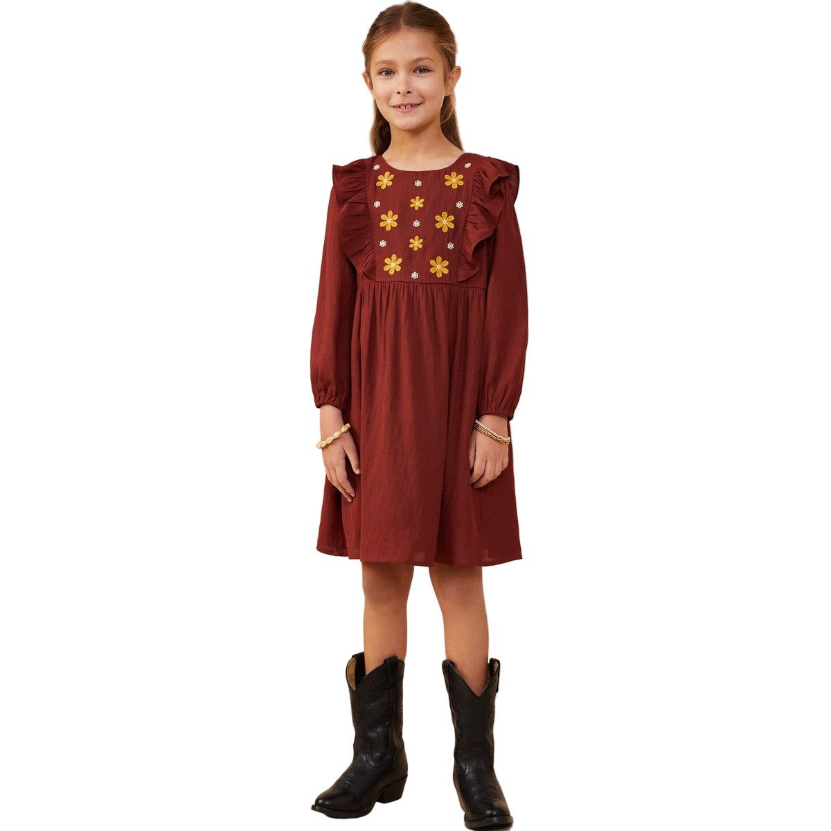 Girl's Ruffle Detail Floral Embroidered Dress GY8847