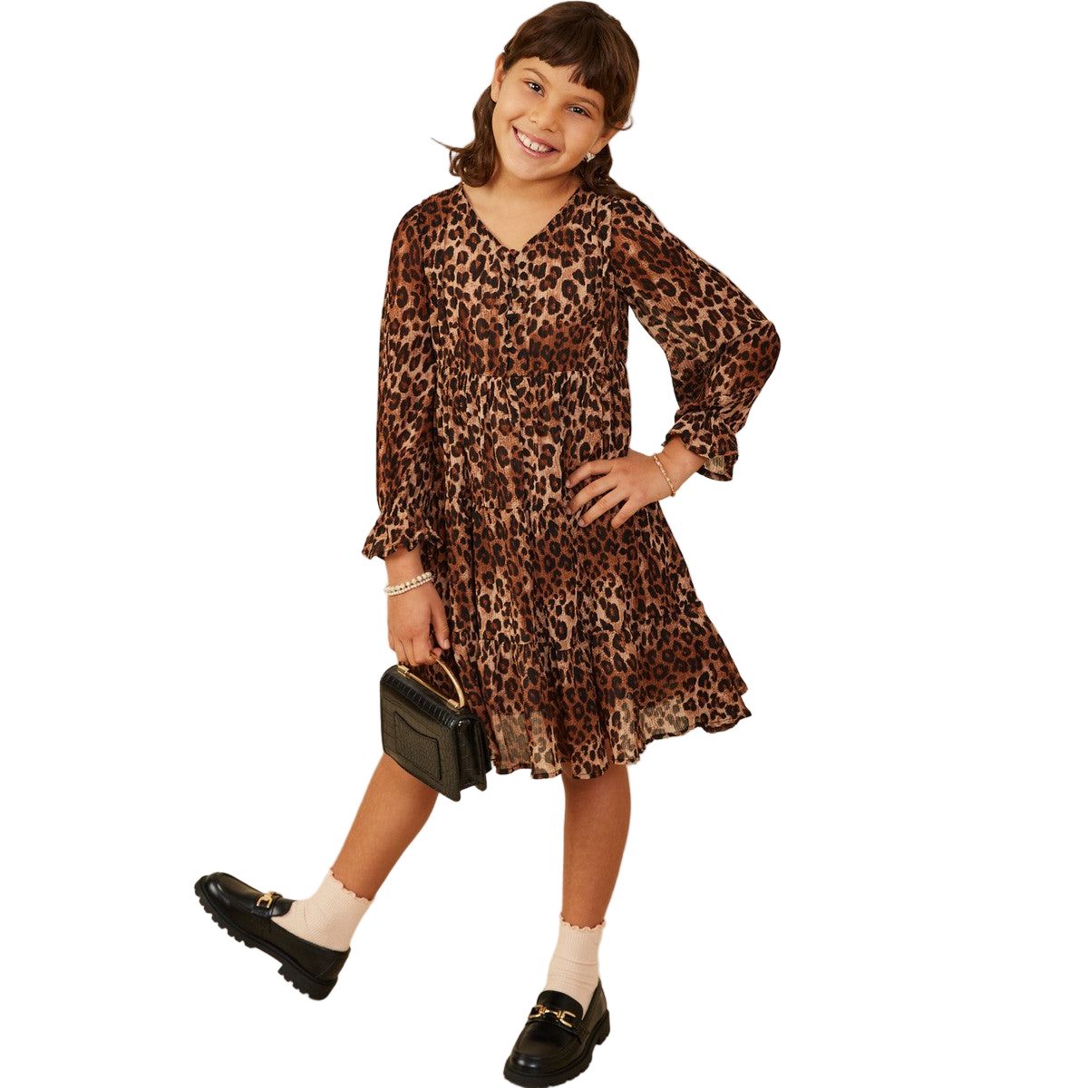 Girl's Leopard Print Cinch Cuff Tiered V Neck Dress GY9036