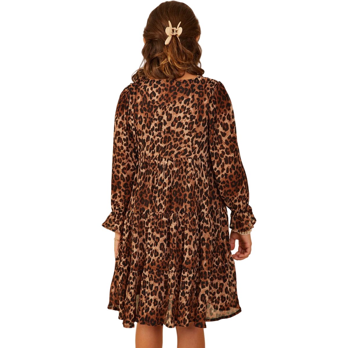 Girl's Leopard Print Cinch Cuff Tiered V Neck Dress GY9036