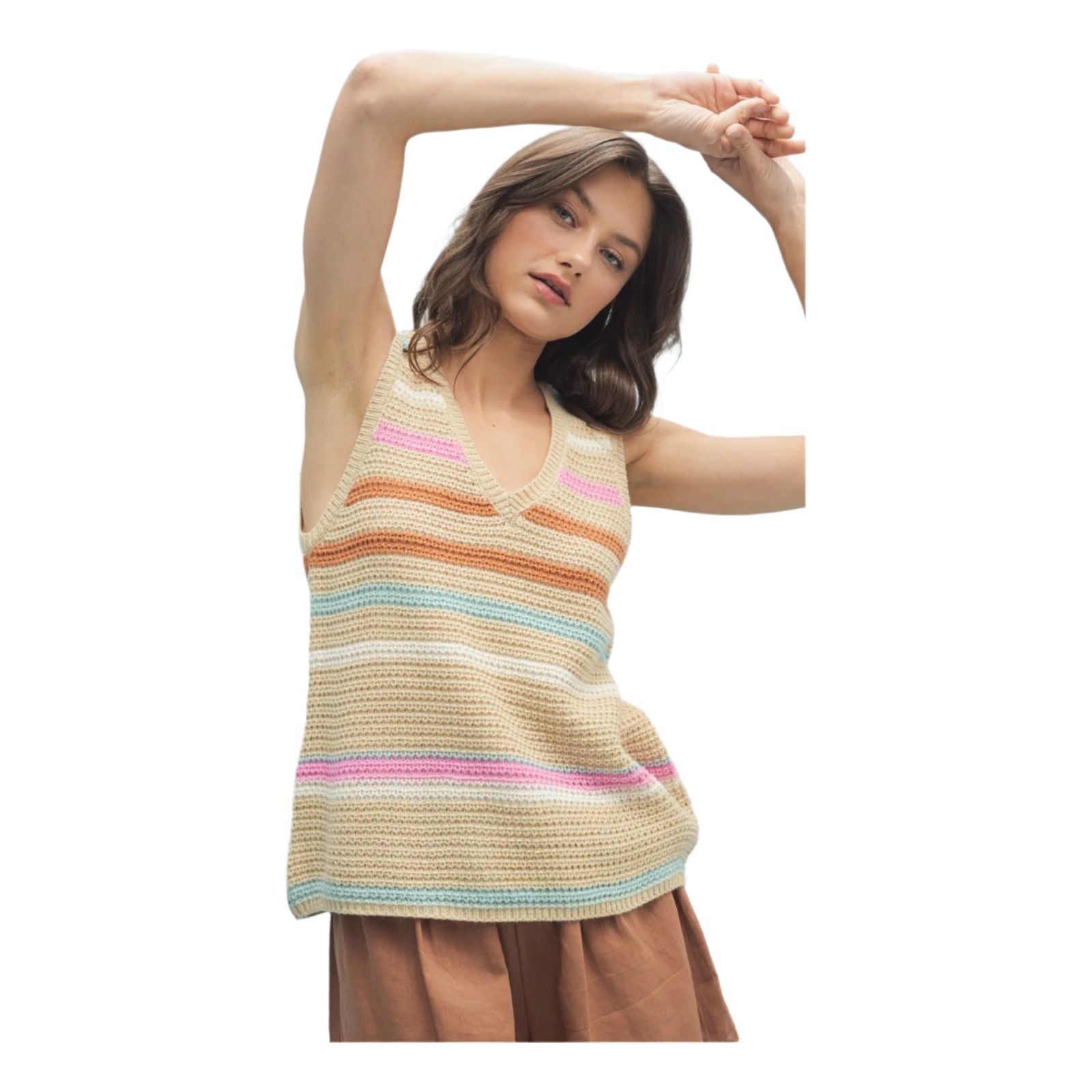 Women's Multi-color Striped Sweater Tank WL25-10472 - Crazy House Western Wear