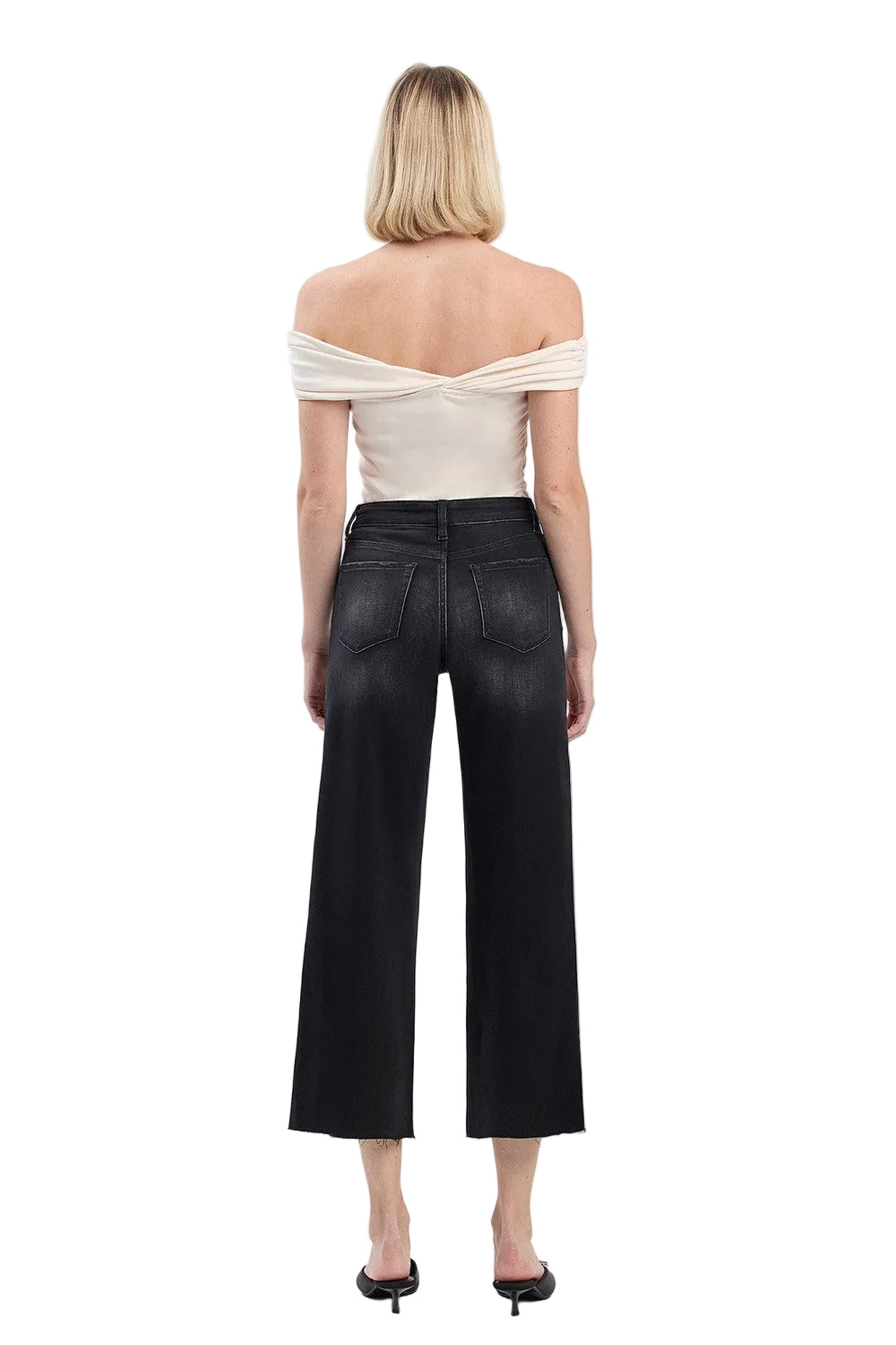 Vervet Women's Black High Rise Clean Cut Raw Hem Crop Slim Wide Jeans