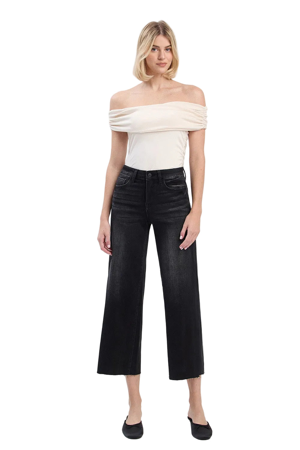 Vervet Women's Black High Rise Clean Cut Raw Hem Crop Slim Wide Jeans