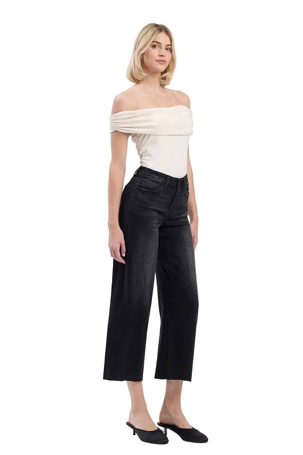 Vervet Women's Black High Rise Clean Cut Raw Hem Crop Slim Wide Jeans