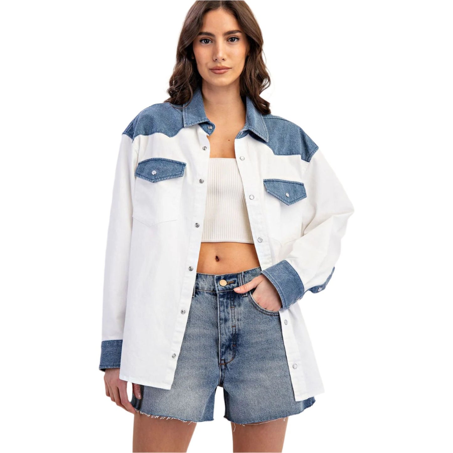 Women's Color Block Denim Button Down Shirt TH12434 - Crazy House Western Wear