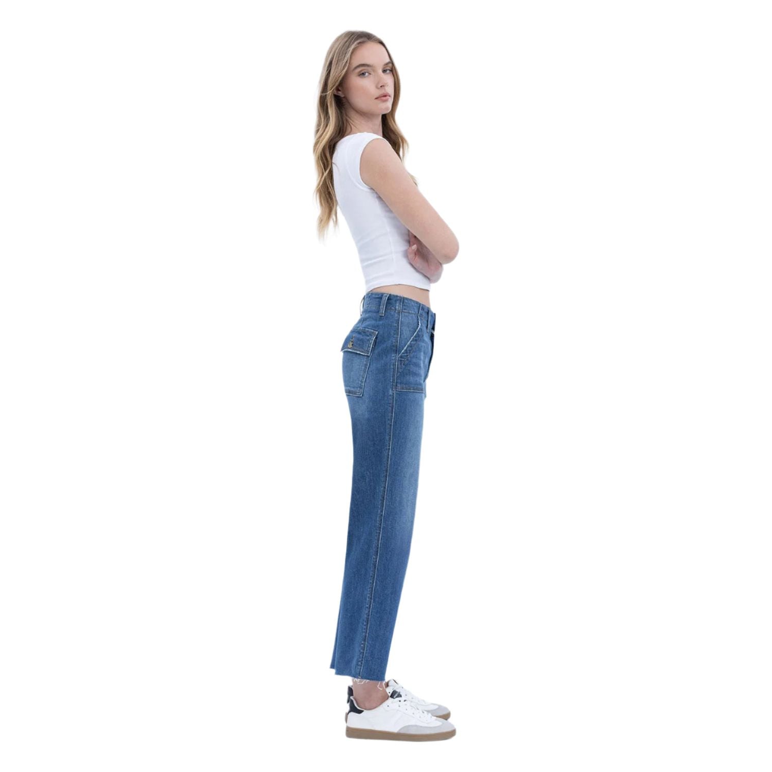 Women's High Rise Crop Utility Pocket Straight Jeans LV1355 - Crazy House Western Wear