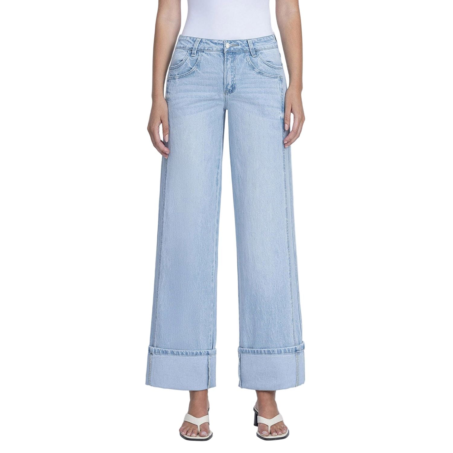 Women's Vervet Super High Rise Light Wash Cuffed Baggy Wide Jeans T6515