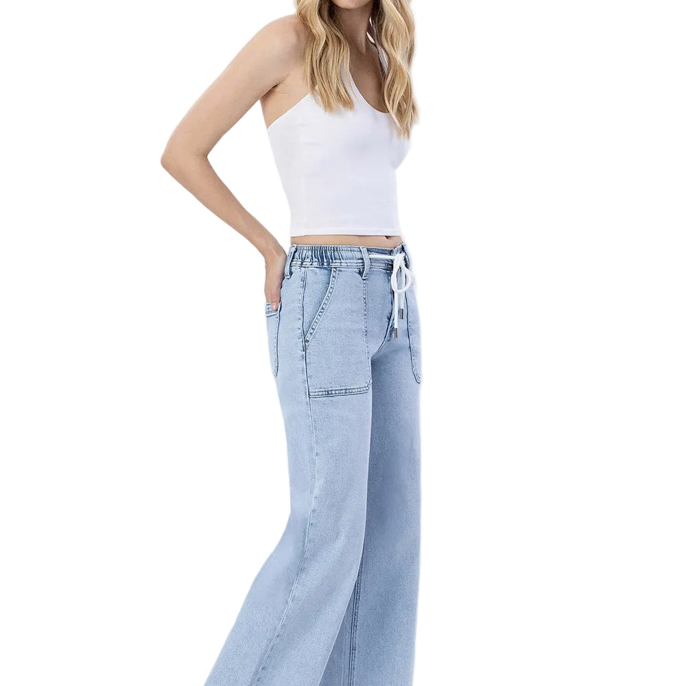 Women's High Rise Drawstring Waistband Wide Leg Jeans
