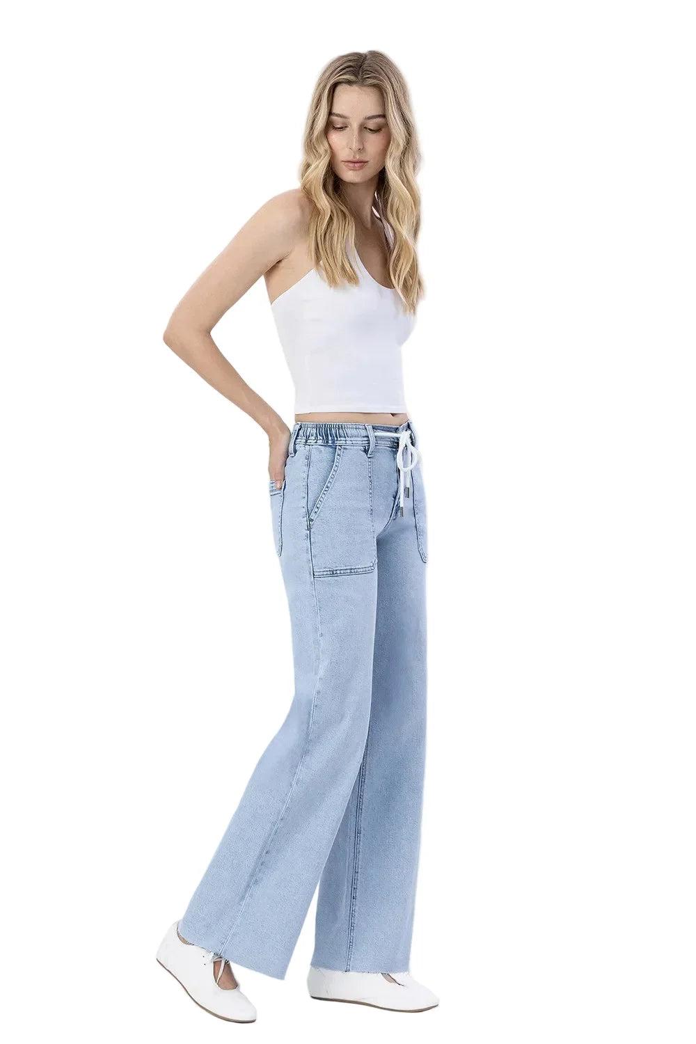 Women's High Rise Drawstring Waistband Wide Leg Jeans