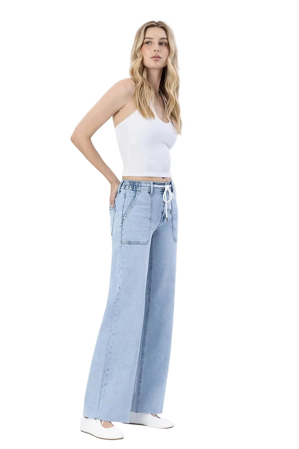Women's High Rise Drawstring Waistband Wide Leg Jeans