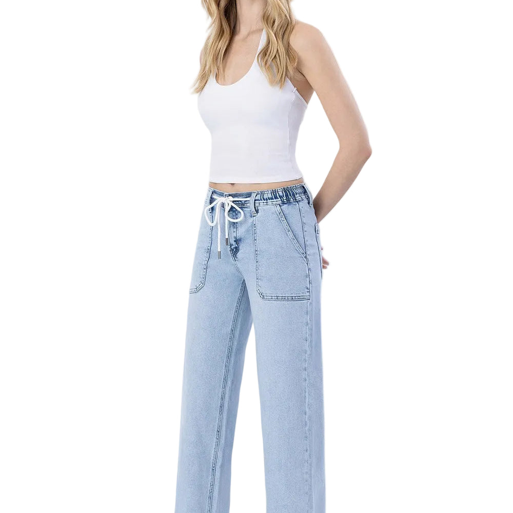 Women's High Rise Drawstring Waistband Wide Leg Jeans