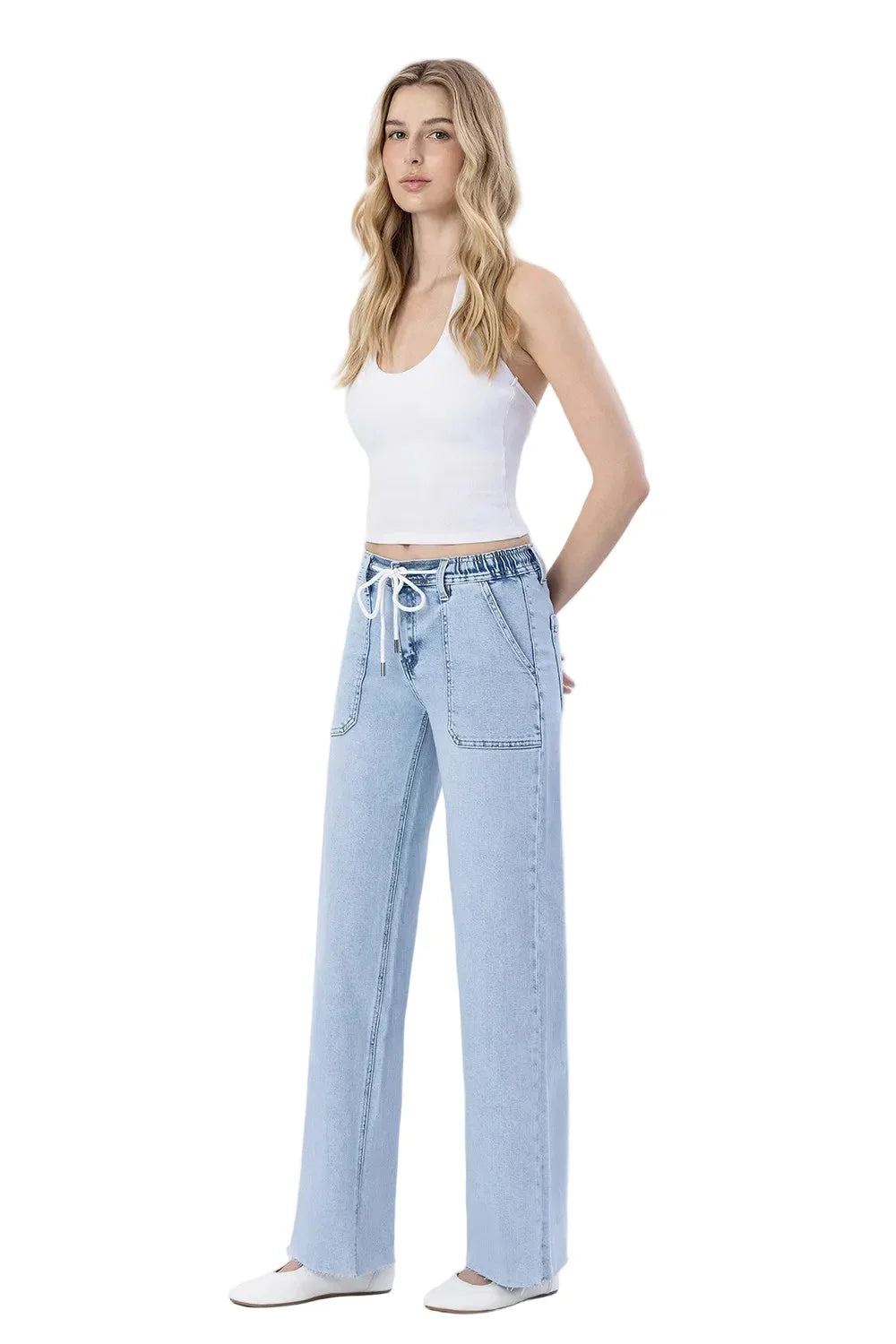 Women's High Rise Drawstring Waistband Wide Leg Jeans