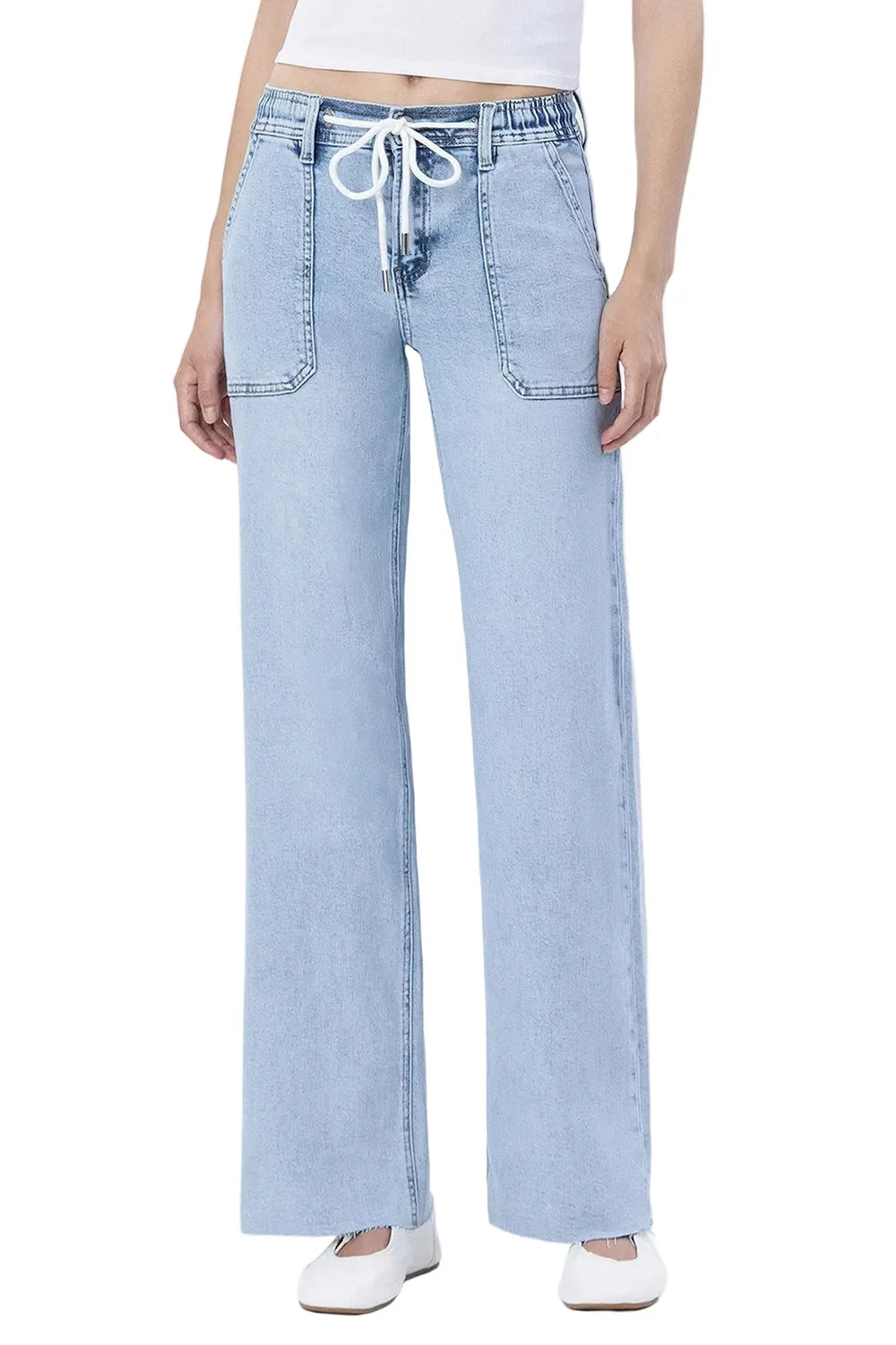 Women's High Rise Drawstring Waistband Wide Leg Jeans
