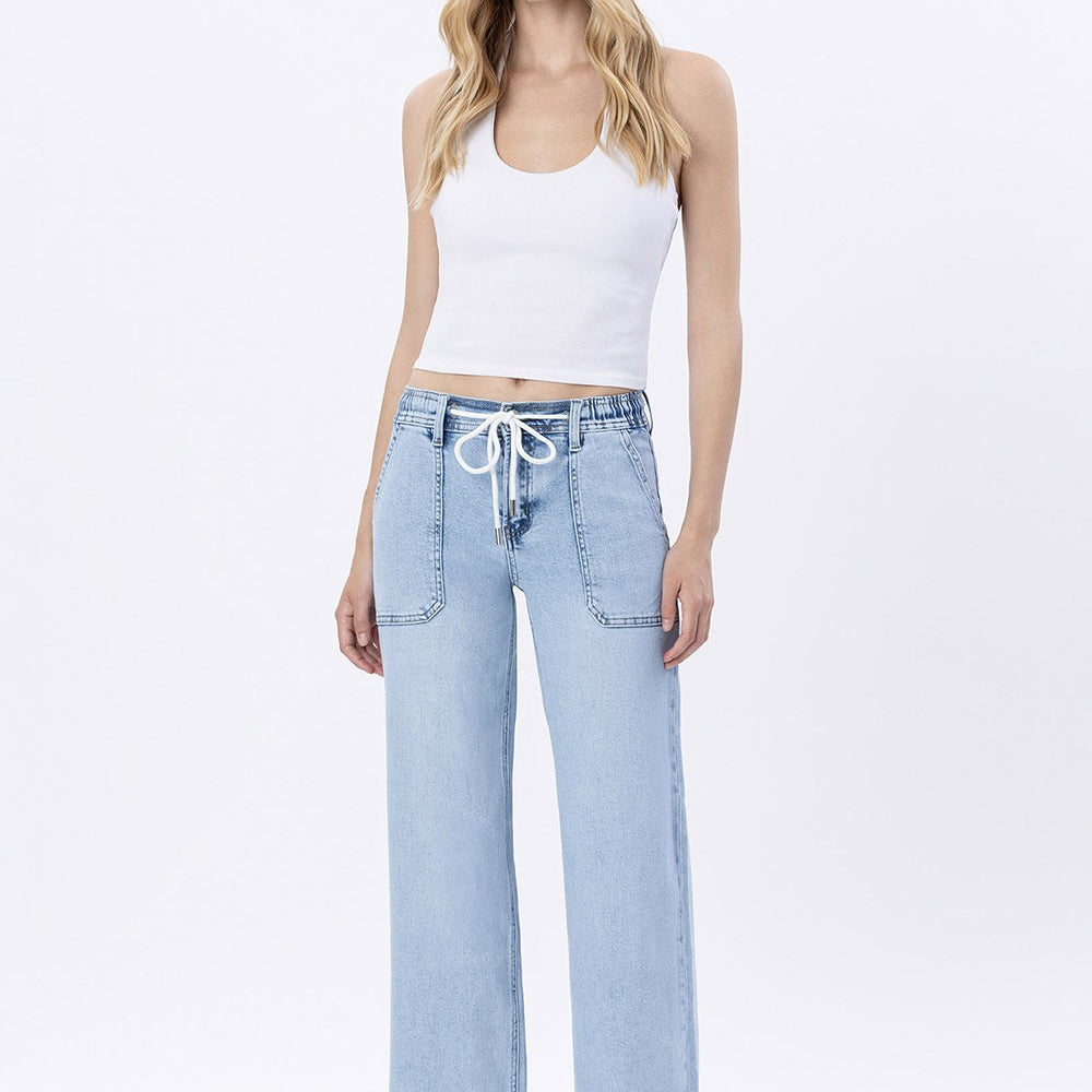 Women's High Rise Drawstring Waistband Wide Leg Jeans