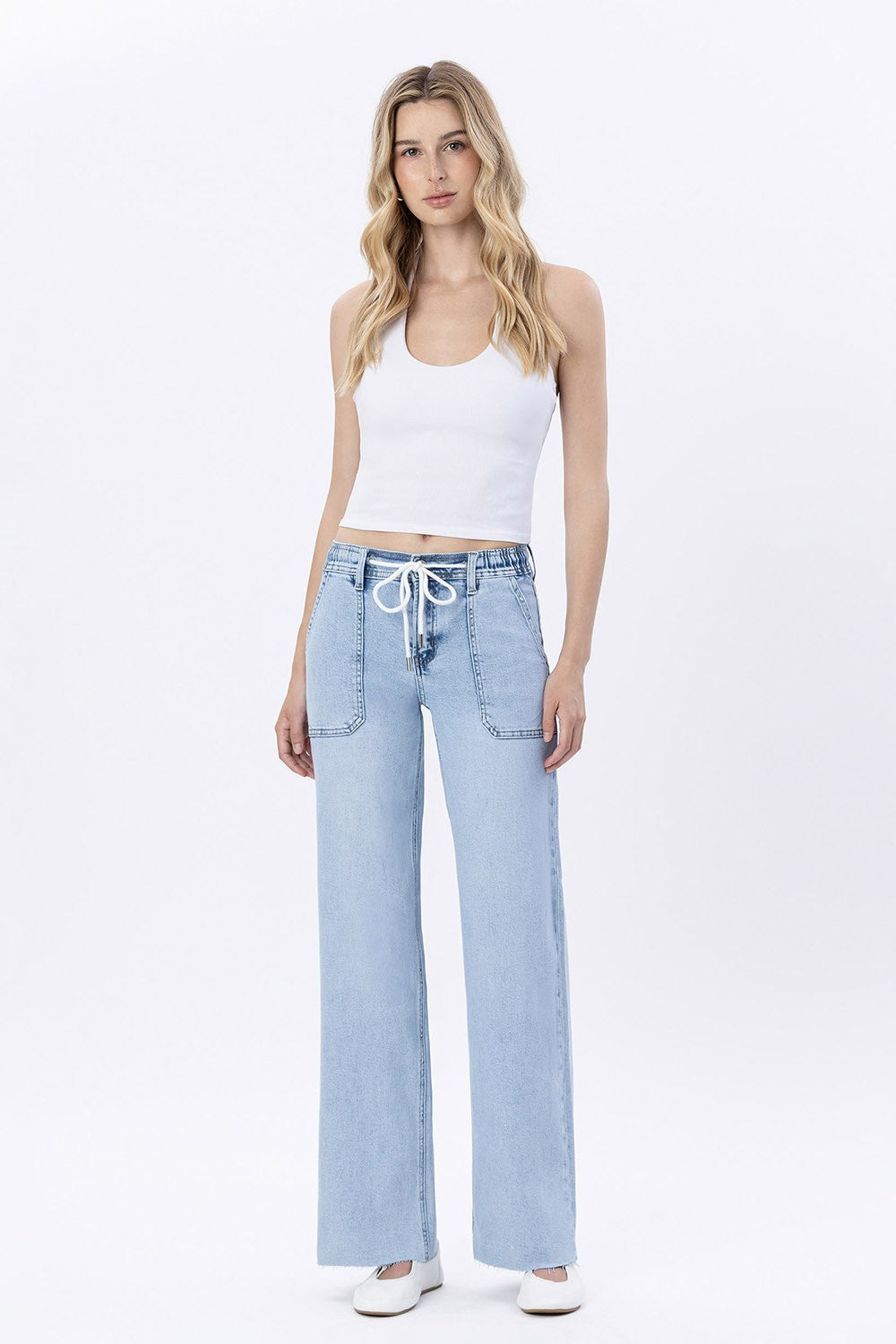 Women's High Rise Drawstring Waistband Wide Leg Jeans