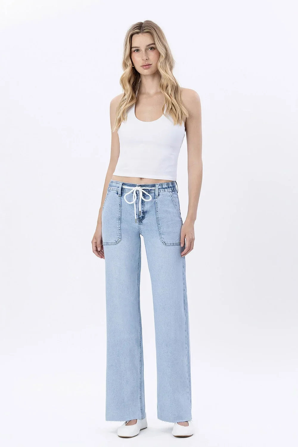 Women's High Rise Drawstring Waistband Wide Leg Jeans