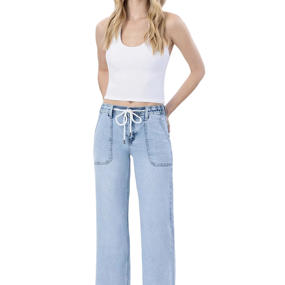 Women's High Rise Drawstring Waistband Wide Leg Jeans