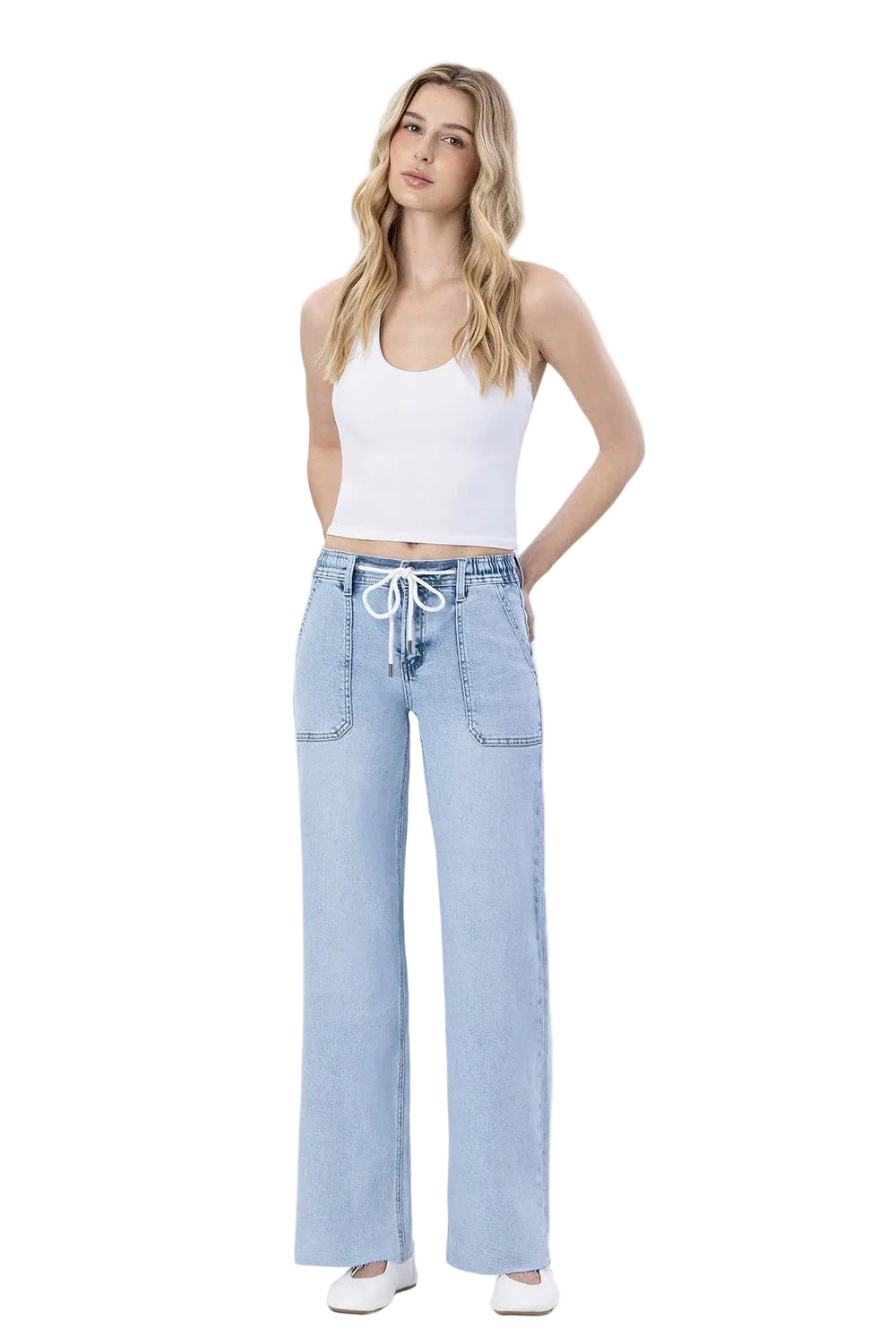 Women's High Rise Drawstring Waistband Wide Leg Jeans