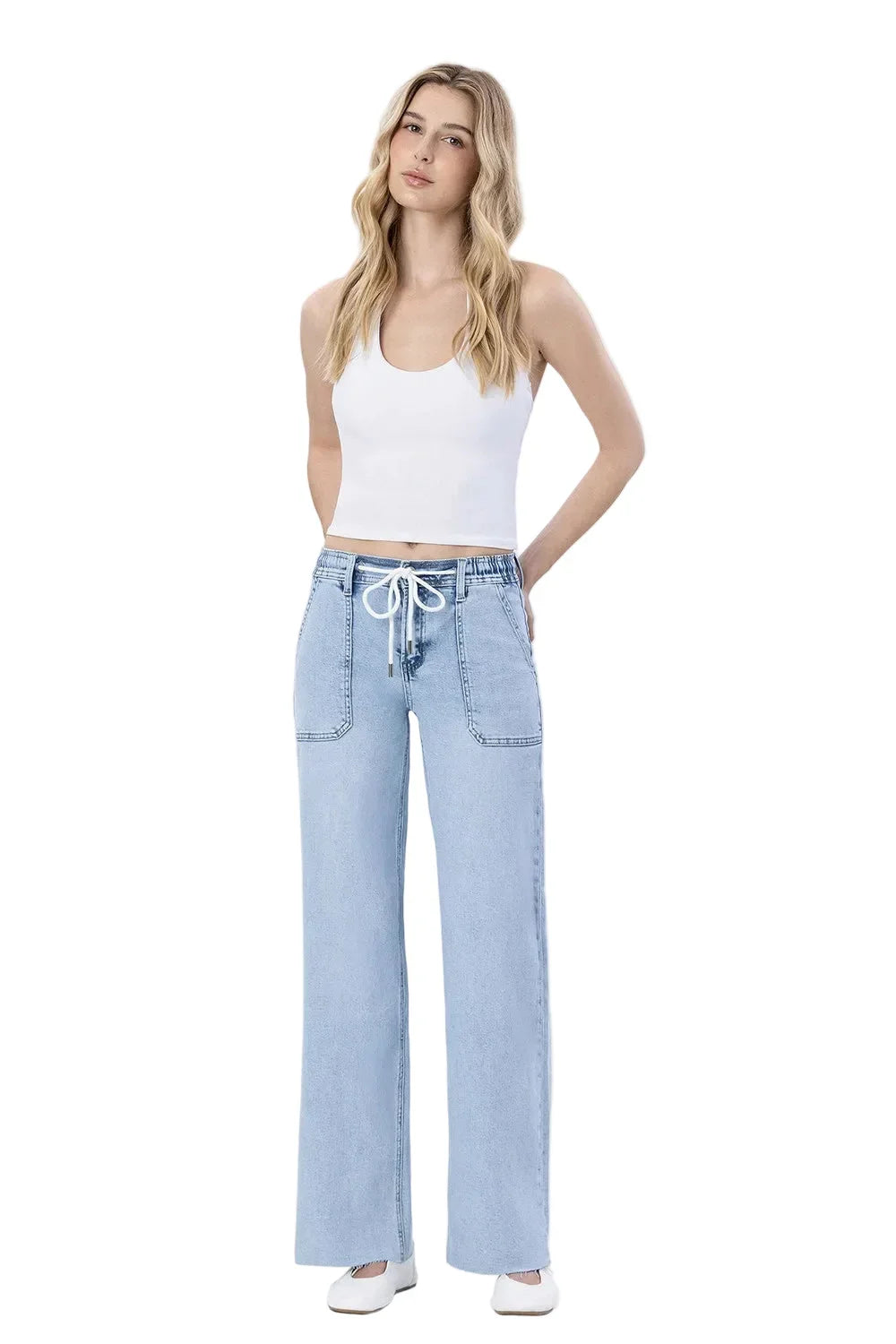 Women's High Rise Drawstring Waistband Wide Leg Jeans