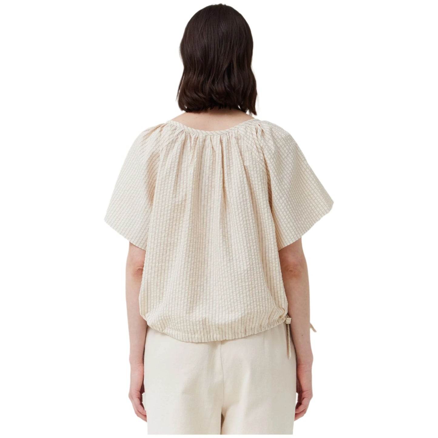 Women's Striped Side Ribbon Tie V-neck Short Shirt 41955DS