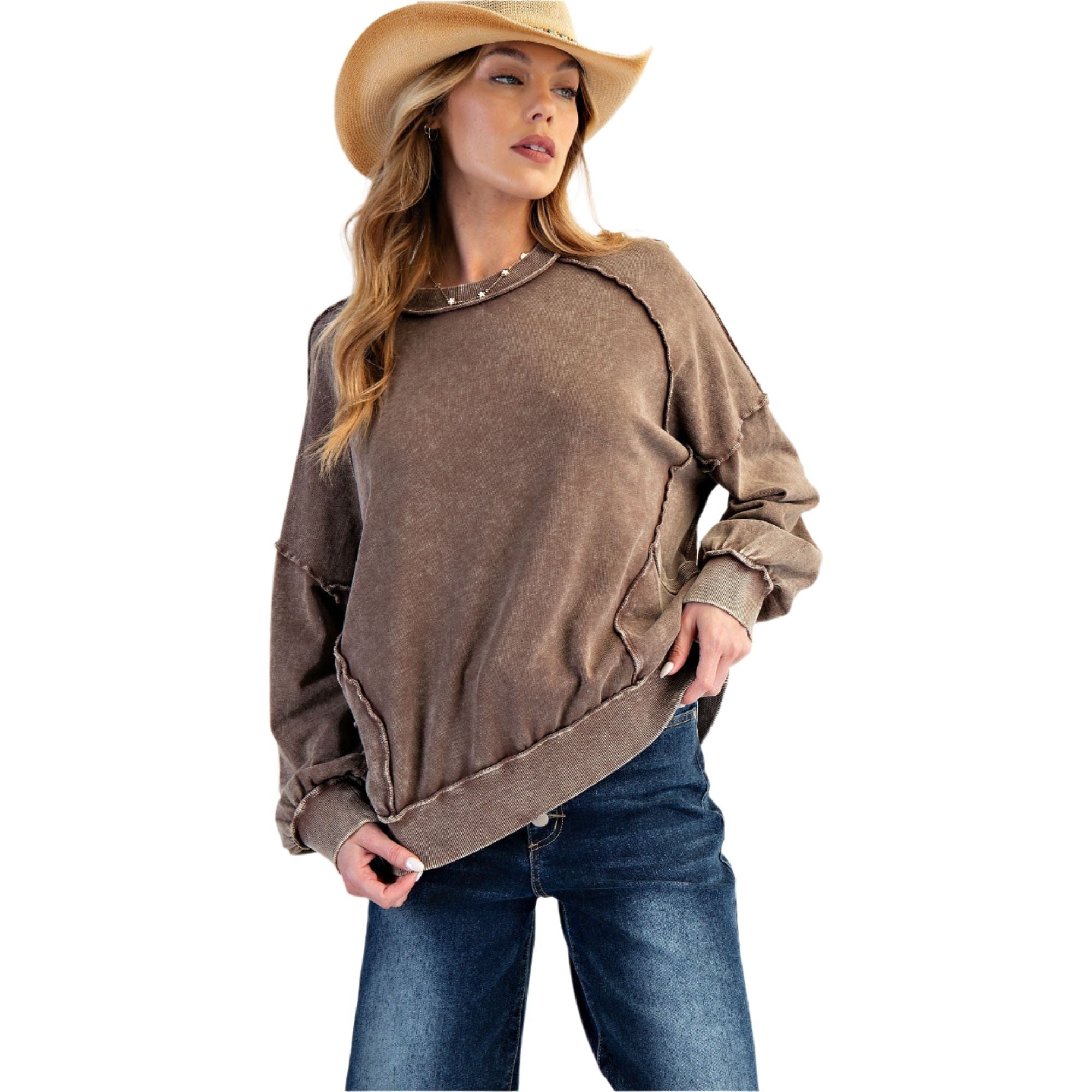 Women's Cut Out Mineral Washed Pullover ET23226-C - Crazy House Western Wear