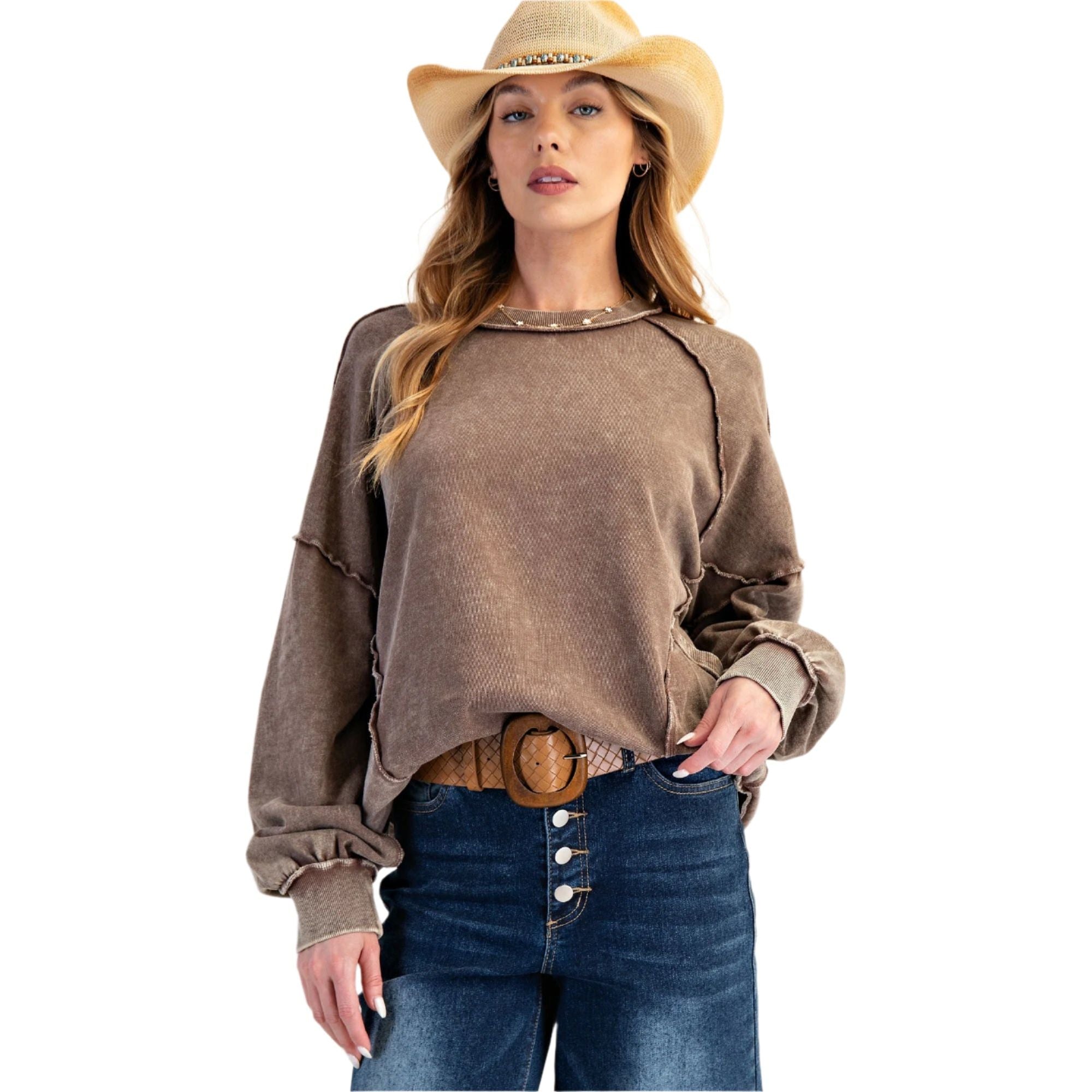 Women's Cut Out Mineral Washed Pullover ET23226-C - Crazy House Western Wear