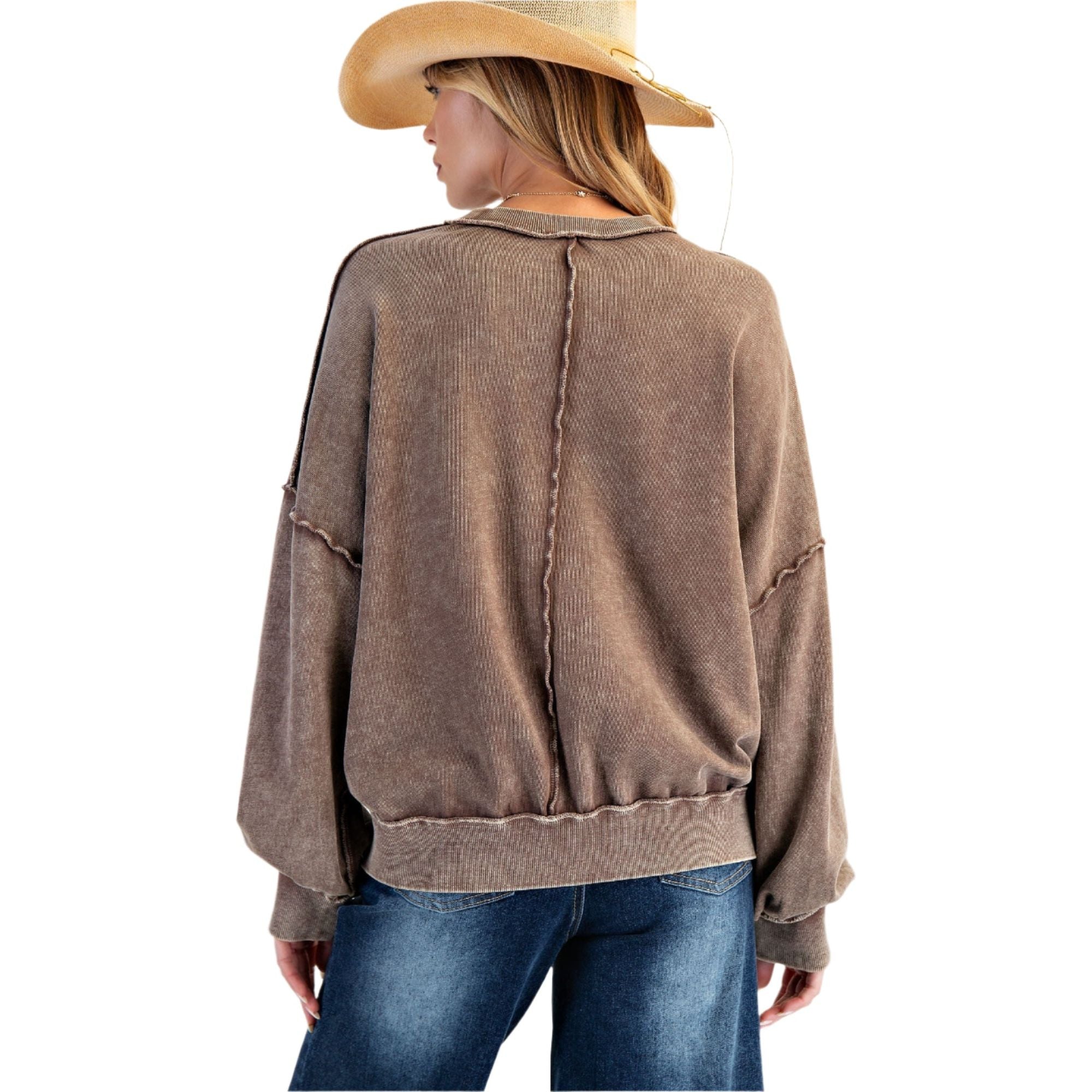 Women's Cut Out Mineral Washed Pullover ET23226-C - Crazy House Western Wear