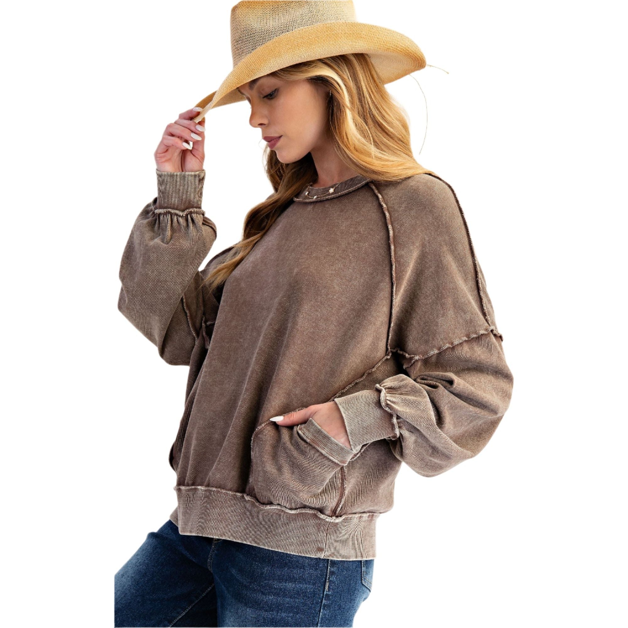 Women's Cut Out Mineral Washed Pullover ET23226-C - Crazy House Western Wear