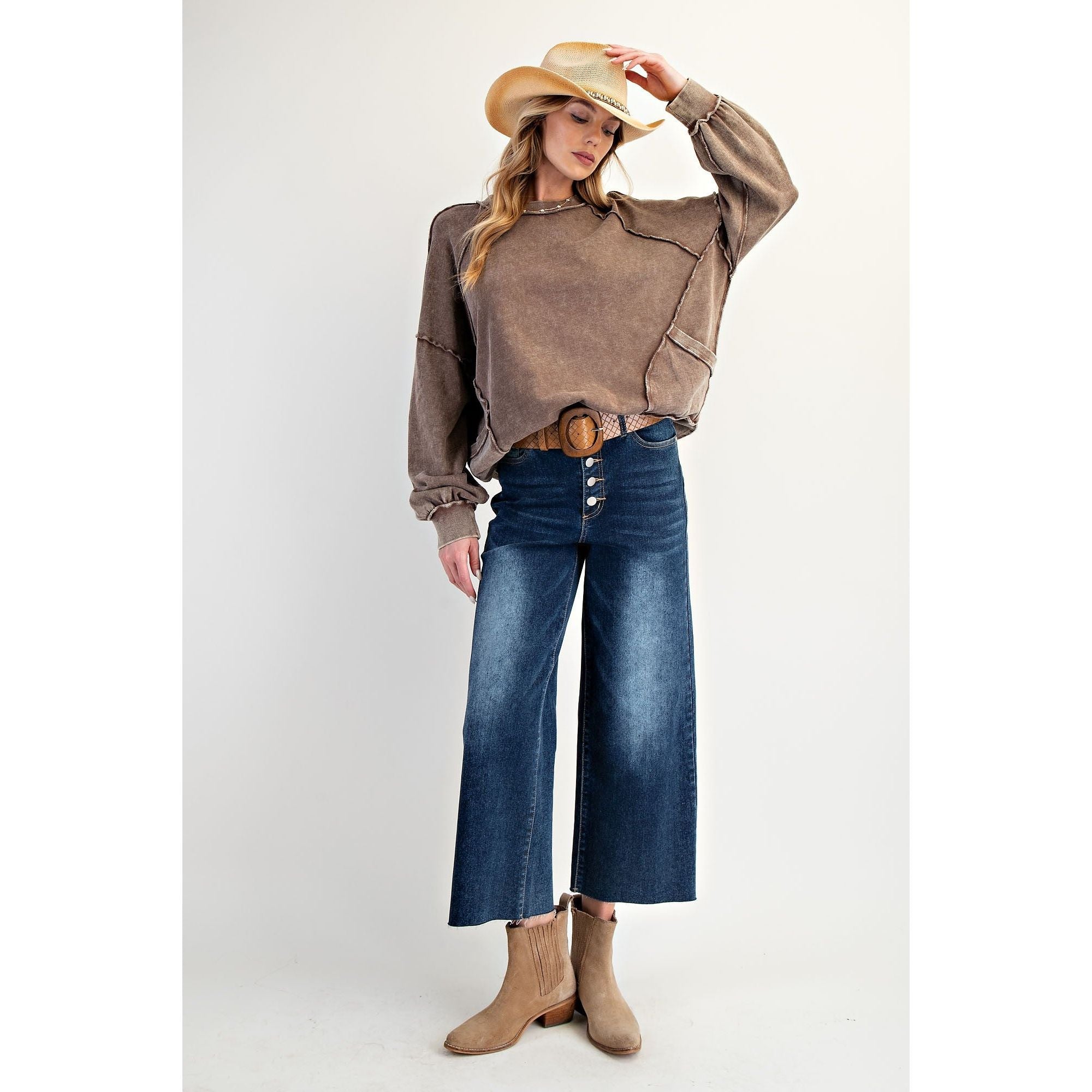 Women's Cut Out Mineral Washed Pullover ET23226-C - Crazy House Western Wear