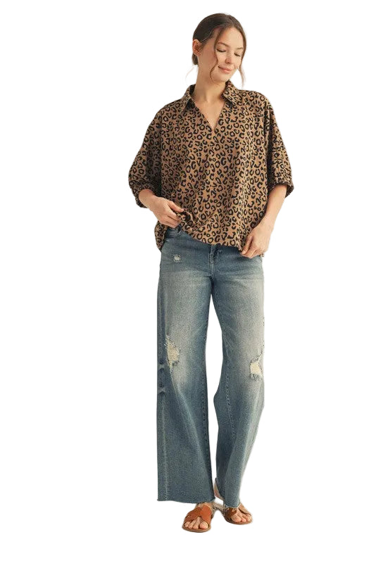 Jodifl Women's Toffee Drop Shoulder Leopard Top