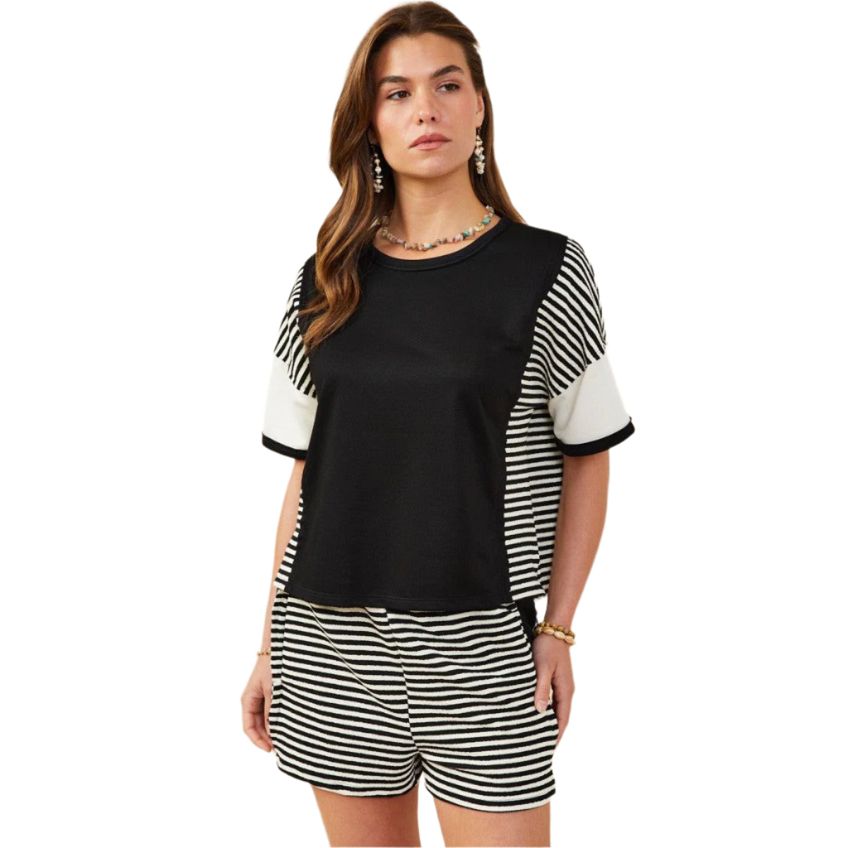 Women's Hayden Color block Stripe Insert Knit T-shirt HY9284 - Crazy House Western Wear