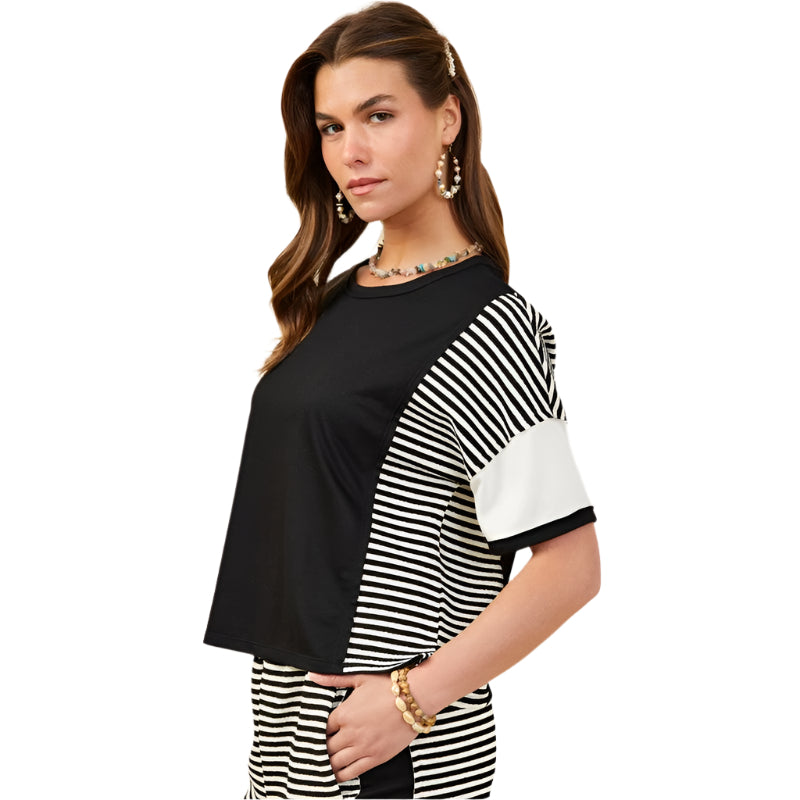 Women's Hayden Color block Stripe Insert Knit T-shirt HY9284 - Crazy House Western Wear