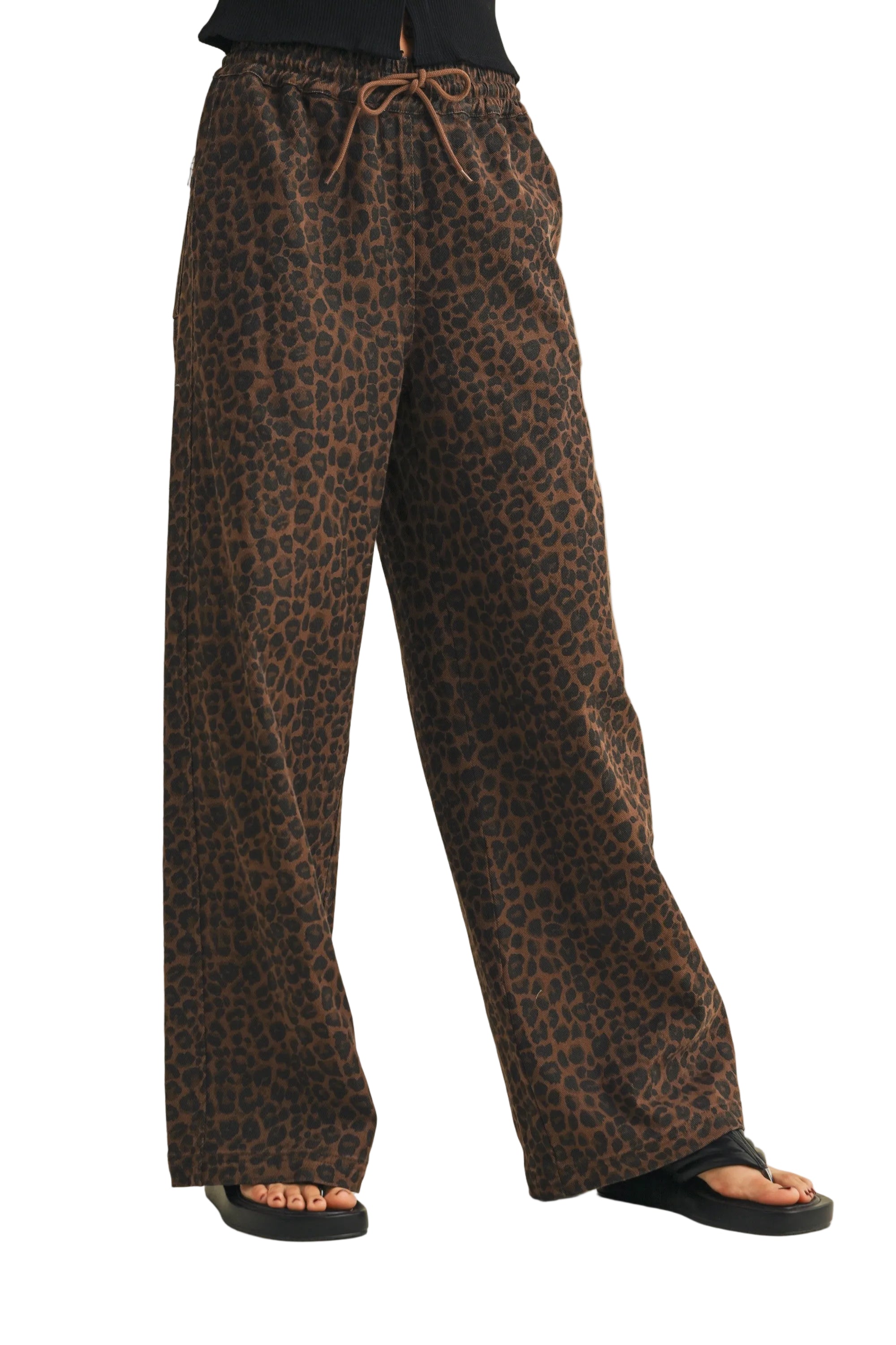Women's Brown Leopard Print Wide Leg Denim Track Pants